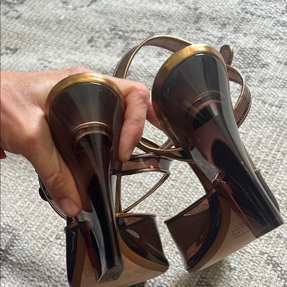 Marc Jacobs Metallic Bronze and Brown PVC Peep-Toe Block Heel / Wedge Sandals - Picture 10 of 10